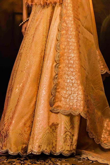 Moledro Peach Organza And Crepe, Silk Chanderi Sequin & Cutdana, Foil V Kurta Lehenga Set at Aza Fashions Moledro_Peach Organza And Crepe, Silk Chanderi Sequin & Cutdana, Foil V Kurta Lehenga Set _at_Aza_Fashions