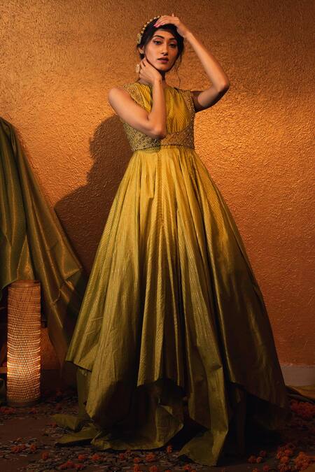 Moledro_Green Lurex And Tulle, Silk Chanderi Beads & Sequin, Block Anarkali & Dupatta Set _Online_at_Aza_Fashions