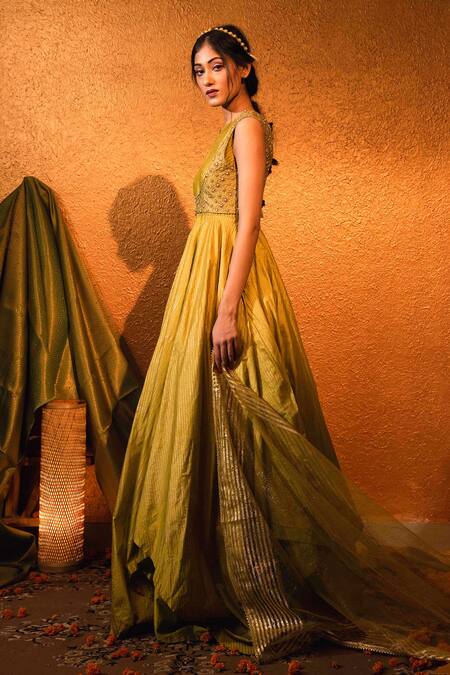 Buy_Moledro_Green Lurex And Tulle, Silk Chanderi Beads & Sequin, Block Anarkali & Dupatta Set _Online_at_Aza_Fashions