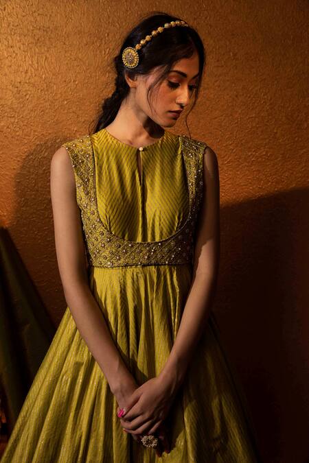 Shop Moledro Green Lurex And Tulle, Silk Chanderi Beads & Sequin, Block Anarkali & Dupatta Set Online at Aza Fashions Shop_Moledro_Green Lurex And Tulle, Silk Chanderi Beads & Sequin, Block Anarkali & Dupatta Set _Online_at_Aza_Fashions