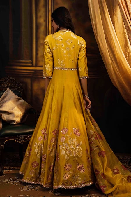 Shop Moledro Yellow Silk Chanderi And Organza Block Print & Sequin Anarkali & Dupatta Set at Aza Fashions Shop_Moledro_Yellow Silk Chanderi And Organza Block Print & Sequin Anarkali & Dupatta Set _at_Aza_Fashions