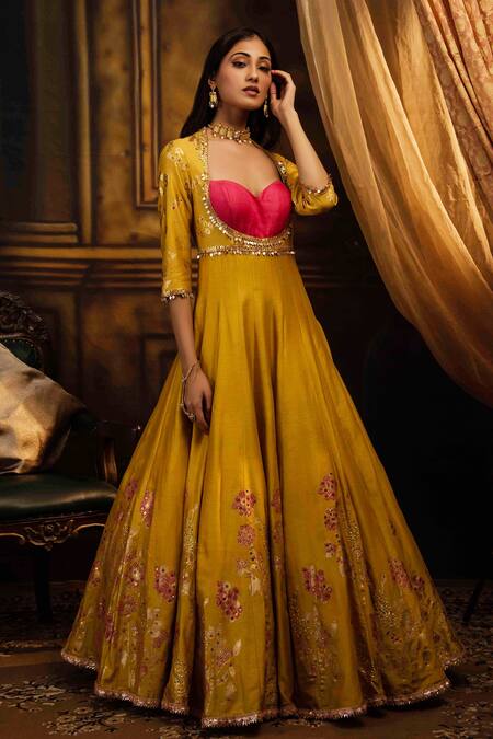 Moledro Yellow Silk Chanderi And Organza Block Print & Sequin Anarkali & Dupatta Set Online at Aza Fashions Moledro_Yellow Silk Chanderi And Organza Block Print & Sequin Anarkali & Dupatta Set _Online_at_Aza_Fashions