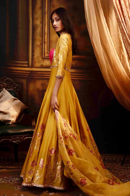 Shop Moledro Yellow Silk Chanderi And Organza Block Print & Sequin Anarkali & Dupatta Set Online at Aza Fashions Shop_Moledro_Yellow Silk Chanderi And Organza Block Print & Sequin Anarkali & Dupatta Set _Online_at_Aza_Fashions