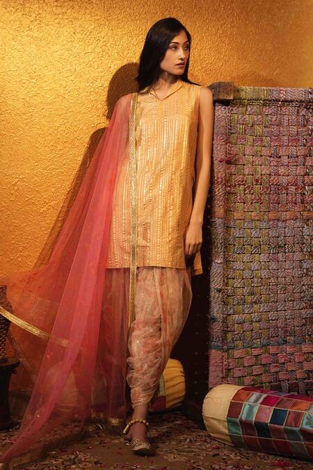 Moledro_Yellow Silk Chanderi And Lurex Tulle Foil Print Round Kurta & Dhoti Pant Set _Online_at_Aza_Fashions