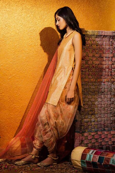 Buy Moledro Yellow Silk Chanderi And Lurex Tulle Foil Print Round Kurta & Dhoti Pant Set Online at Aza Fashions Buy_Moledro_Yellow Silk Chanderi And Lurex Tulle Foil Print Round Kurta & Dhoti Pant Set _Online_at_Aza_Fashions