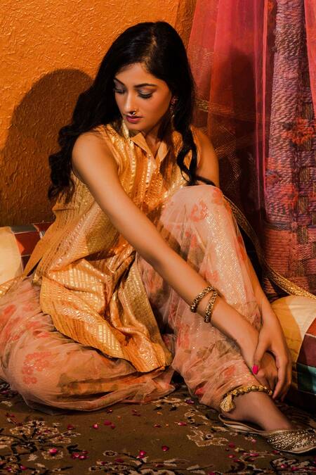 Shop Moledro Yellow Silk Chanderi And Lurex Tulle Foil Print Round Kurta & Dhoti Pant Set Online at Aza Fashions Shop_Moledro_Yellow Silk Chanderi And Lurex Tulle Foil Print Round Kurta & Dhoti Pant Set _Online_at_Aza_Fashions