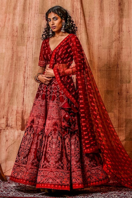 Shop Moledro Red Tulle And Dupion Thread & Sequin V Neck Lehenga Set at Aza Fashions Shop_Moledro_Red Tulle And Dupion Thread & Sequin V Neck Lehenga Set _at_Aza_Fashions