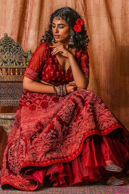 Moledro Red Tulle And Dupion Thread & Sequin V Neck Lehenga Set Online at Aza Fashions Moledro_Red Tulle And Dupion Thread & Sequin V Neck Lehenga Set _Online_at_Aza_Fashions