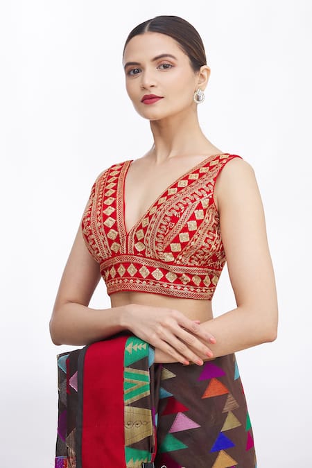 Samyukta Singhania Red Art Silk Embroidered Floral V Neck Blouse 