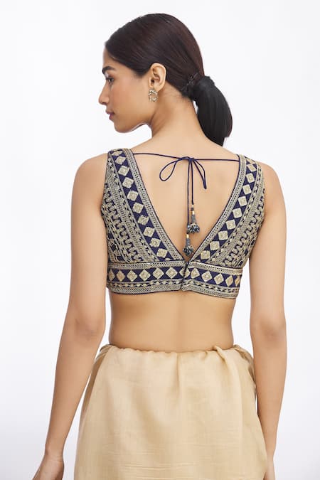 Shop_Samyukta Singhania_Blue Silk Sequins V-neck Floral Embroidered Blouse _at_Aza_Fashions