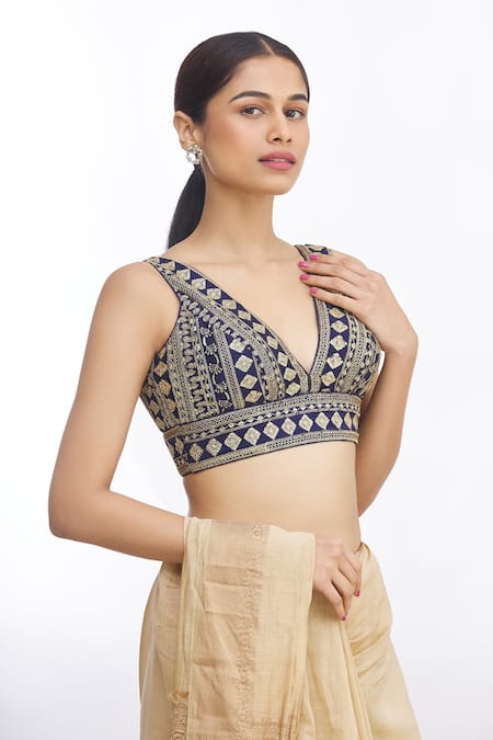 Samyukta Singhania_Blue Silk Sequins V-neck Floral Embroidered Blouse _Online_at_Aza_Fashions