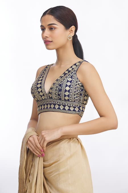 Buy_Samyukta Singhania_Blue Silk Sequins V-neck Floral Embroidered Blouse _Online_at_Aza_Fashions