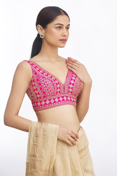 Buy Naintara Bajaj Pink Silk Sequins V-neck Floral Embroidered Blouse Online at Aza Fashions Buy_Naintara Bajaj_Pink Silk Sequins V-neck Floral Embroidered Blouse _Online_at_Aza_Fashions