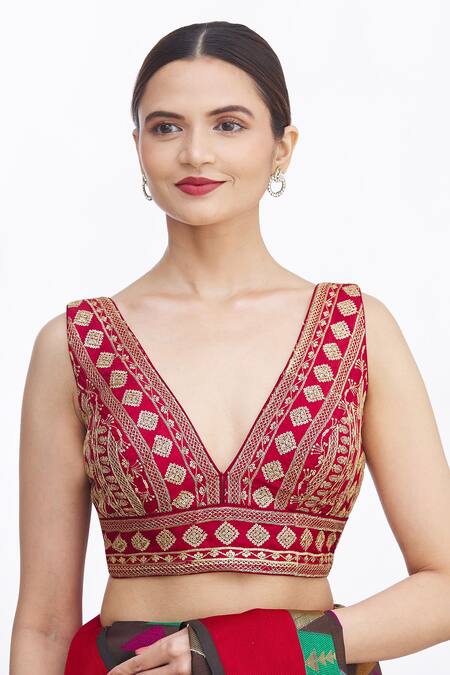 Shop_Naintara Bajaj_Maroon Silk Sequins, Embroidery V-neck Floral Blouse _Online_at_Aza_Fashions