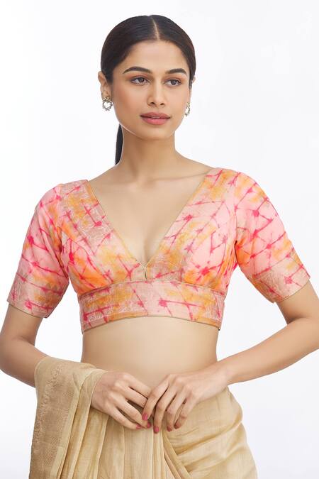 Samyukta Singhania_Pink Tassels, Embroidery V-neck Printed Blouse_Online_at_Aza_Fashions
