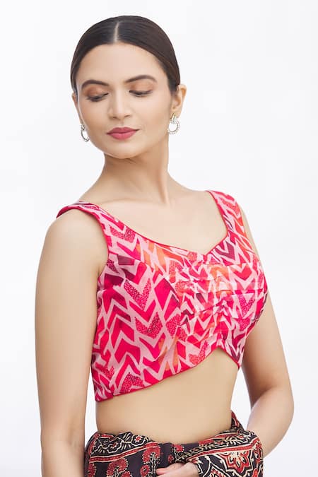 Khwaab By Sanjana Lakhani_Red Cotton V-neck Geometric Print Blouse _Online_at_Aza_Fashions