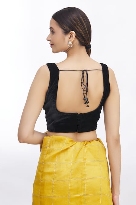 Nazaakat by Samara Singh - Black Velvet Plain Square Neck Sleeveless Blouse  For Women