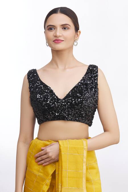 Buy_Samyukta Singhania_Black Velvet Sequins Sweetheart Neck Embroidered Blouse _Online_at_Aza_Fashions
