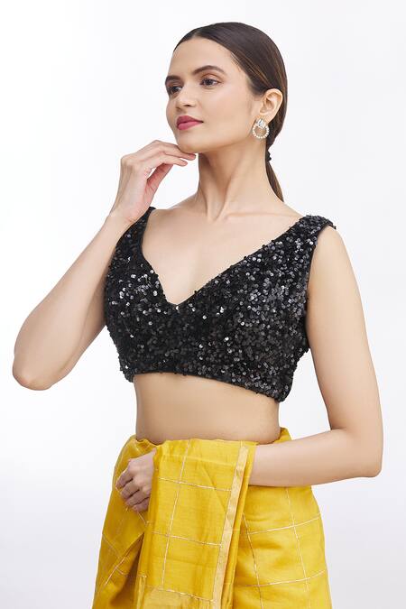 Shop_Samyukta Singhania_Black Velvet Sequins Sweetheart Neck Embroidered Blouse _Online_at_Aza_Fashions