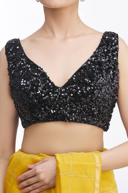 Samyukta Singhania_Black Velvet Sequins Sweetheart Neck Embroidered Blouse _at_Aza_Fashions