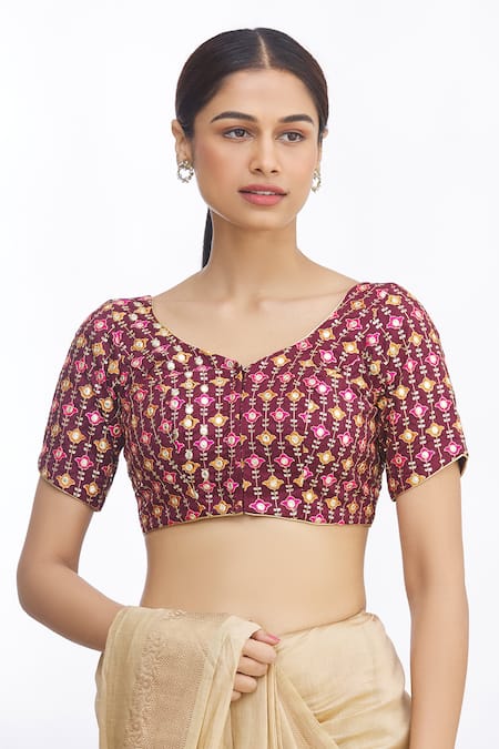 Khwaab By Sanjana Lakhani_Maroon Jacquard Sequins V-neck Wine Floral Embroidered Blouse_Online_at_Aza_Fashions