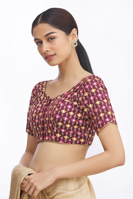 Buy_Khwaab By Sanjana Lakhani_Maroon Jacquard Sequins V-neck Wine Floral Embroidered Blouse_Online_at_Aza_Fashions