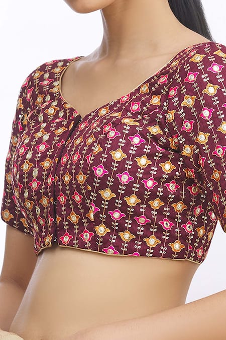 Shop_Khwaab By Sanjana Lakhani_Maroon Jacquard Sequins V-neck Wine Floral Embroidered Blouse_Online_at_Aza_Fashions