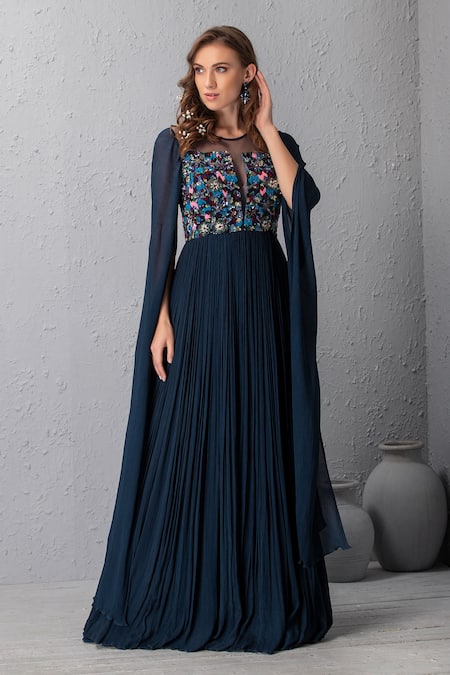 House Of Tushaom Blue Crinkle Chiffon Resham And Sequin Round Gown 