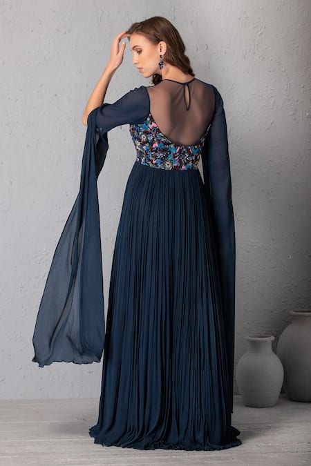 Shop House Of Tushaom Blue Crinkle Chiffon Resham And Sequin Round Gown at Aza Fashions Shop_House Of Tushaom_Blue Crinkle Chiffon Resham And Sequin Round Gown _at_Aza_Fashions