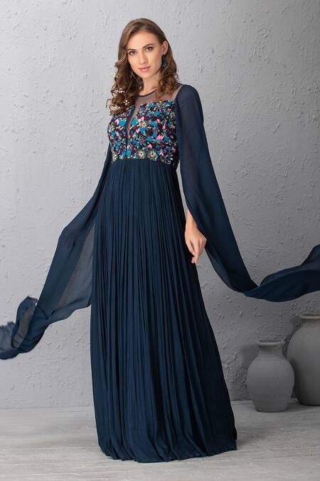 House Of Tushaom Blue Crinkle Chiffon Resham And Sequin Round Gown Online at Aza Fashions House Of Tushaom_Blue Crinkle Chiffon Resham And Sequin Round Gown _Online_at_Aza_Fashions