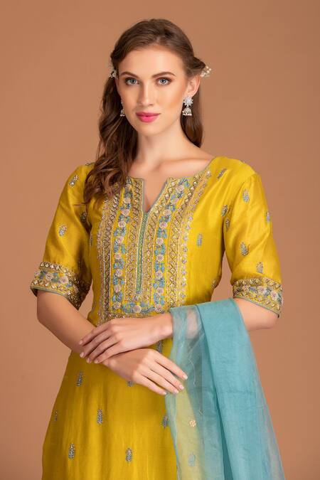 House Of Tushaom_Yellow Chanderi Silk Embroidered Resham And Cutdana Kurta Palazzo Set  _Online_at_Aza_Fashions