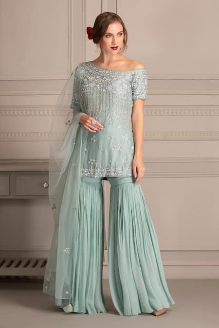 House Of Tushaom Blue Chanderi Silk And Georgette Embroidered Thread & Kurta Sharara Set  