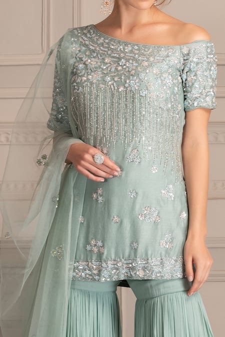 Shop House Of Tushaom Blue Chanderi Silk And Georgette Embroidered Thread & Kurta Sharara Set at Aza Fashions Shop_House Of Tushaom_Blue Chanderi Silk And Georgette Embroidered Thread & Kurta Sharara Set _at_Aza_Fashions