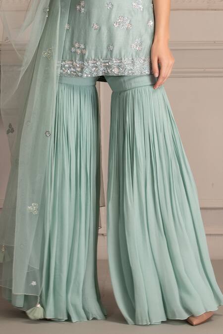 House Of Tushaom Blue Chanderi Silk And Georgette Embroidered Thread & Kurta Sharara Set Online at Aza Fashions House Of Tushaom_Blue Chanderi Silk And Georgette Embroidered Thread & Kurta Sharara Set _Online_at_Aza_Fashions