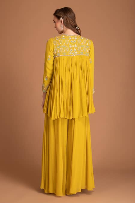 Shop House Of Tushaom Yellow Georgette Embroidered Sequin Round Tunic And Palazzo Set at Aza Fashions Shop_House Of Tushaom_Yellow Georgette Embroidered Sequin Round Tunic And Palazzo Set _at_Aza_Fashions