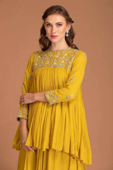 House Of Tushaom Yellow Georgette Embroidered Sequin Round Tunic And Palazzo Set Online at Aza Fashions House Of Tushaom_Yellow Georgette Embroidered Sequin Round Tunic And Palazzo Set _Online_at_Aza_Fashions