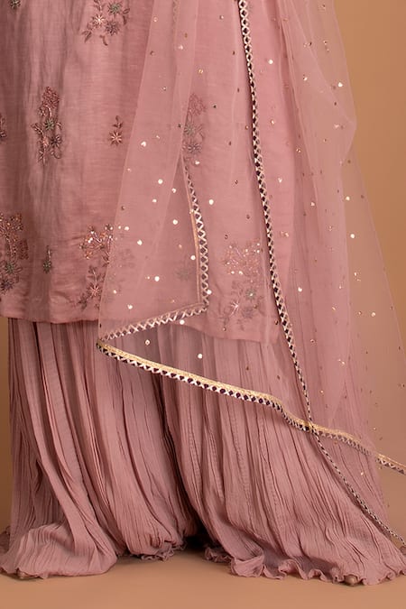 House Of Tushaom_Purple Silk Linen Cutdana And Thread Round Kurta & Sharara Set_Online_at_Aza_Fashions