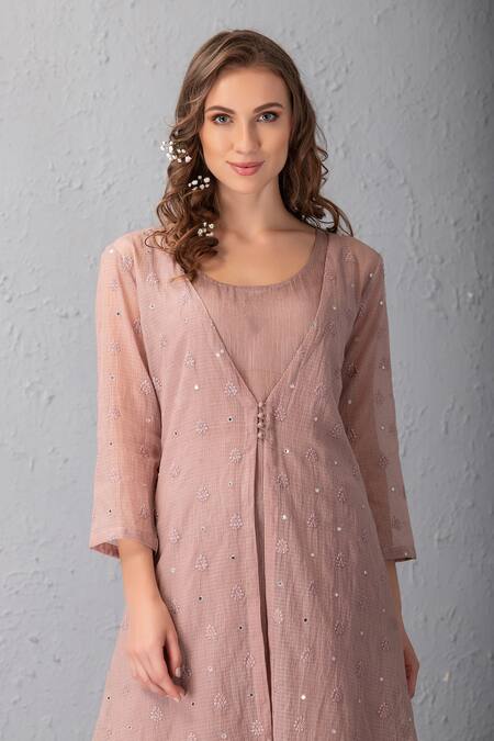 House Of Tushaom_Purple Cotton Chanderi Thread And Mirror Round Jacket Kurta Set_Online_at_Aza_Fashions