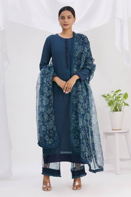 Neha Khullar_Blue Chanderi Dori Round Embroidered Kurta Pant Set _Online_at_Aza_Fashions