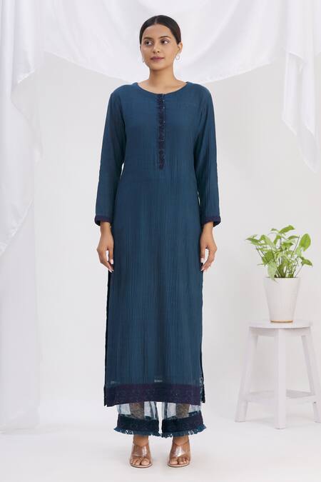 Buy_Neha Khullar_Blue Chanderi Dori Round Embroidered Kurta Pant Set _Online_at_Aza_Fashions