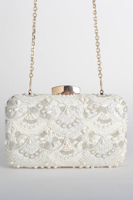 Shop Adora By Ankita White Beads, Pearls Poly Silk Clutch With Sling at Aza Fashions Shop_Adora By Ankita_White Beads, Pearls Poly Silk Clutch With Sling _at_Aza_Fashions