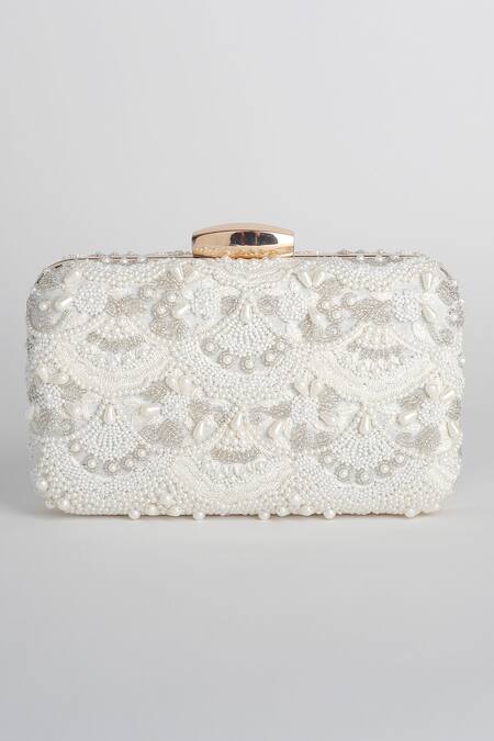 Adora By Ankita White Beads, Pearls Poly Silk Clutch With Sling Online at Aza Fashions Adora By Ankita_White Beads, Pearls Poly Silk Clutch With Sling _Online_at_Aza_Fashions