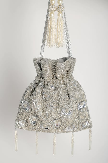 Adora by Ankita Silver Beads And Sequin Poly Silk Embellished Potli Bag 