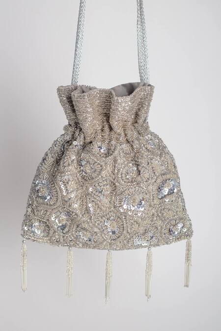 Adora By Ankita_Silver Beads, Sequins Poly Silk Embellished Potli Bag _Online_at_Aza_Fashions