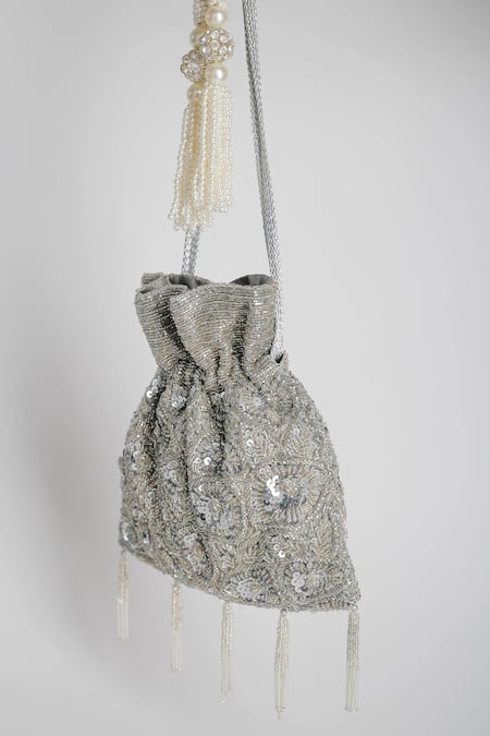 Buy_Adora By Ankita_Silver Beads, Sequins Poly Silk Embellished Potli Bag _Online_at_Aza_Fashions