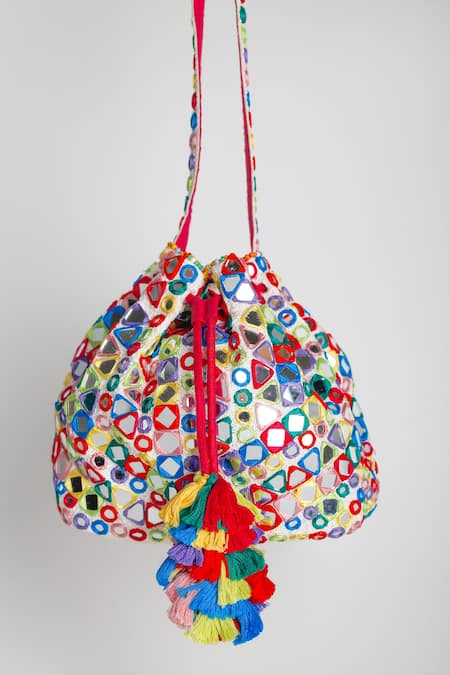 Shop_Adora By Ankita_Multi Color Embroidery Poly Silk Embellished Potli Bag _at_Aza_Fashions