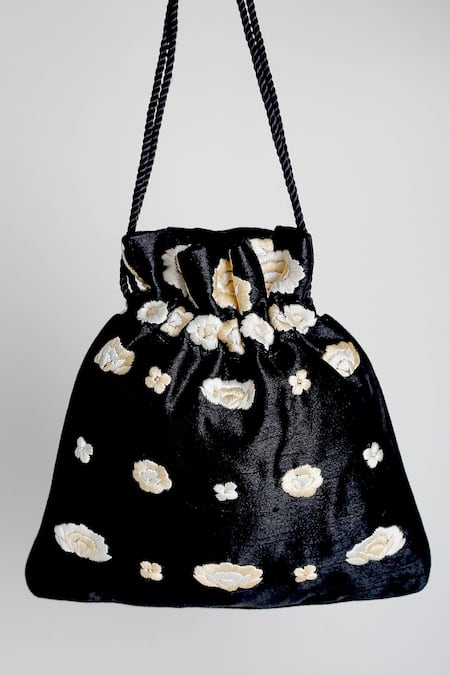 Shop Adora By Ankita Black Embroidery, Beads Poly Silk Potli Bag at Aza Fashions Shop_Adora By Ankita_Black Embroidery, Beads Poly Silk Potli Bag _at_Aza_Fashions