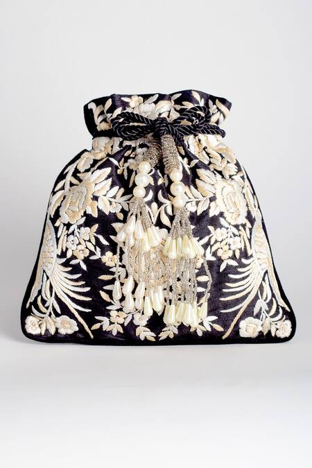 Shop Adora By Ankita Black Embroidery, Beads Poly Silk Potli Bag Online at Aza Fashions Shop_Adora By Ankita_Black Embroidery, Beads Poly Silk Potli Bag _Online_at_Aza_Fashions