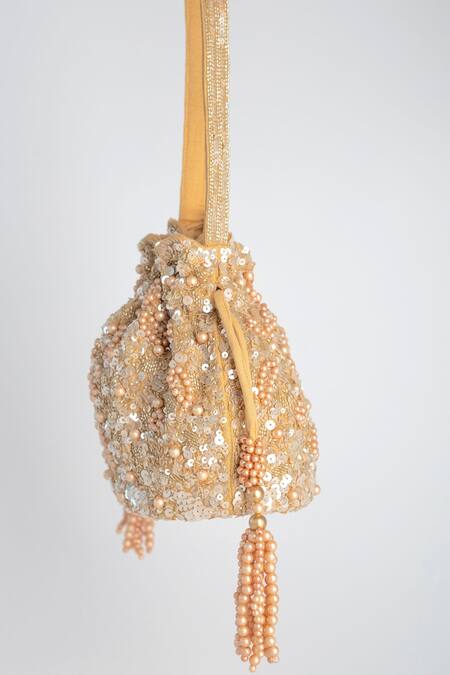 Adora By Ankita Gold Sequins, Pearls, Cut Work Poly Silk Embellished Potli Bag Online at Aza Fashions Adora By Ankita_Gold Sequins, Pearls, Cut Work Poly Silk Embellished Potli Bag _Online_at_Aza_Fashions