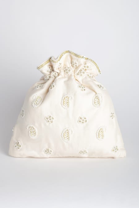 Shop Adora By Ankita White Beads, Sequins, Pearls Poly Silk Embellished Potli Bag at Aza Fashions Shop_Adora By Ankita_White Beads, Sequins, Pearls Poly Silk Embellished Potli Bag _at_Aza_Fashions